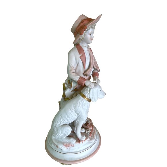 Vintage Figurine Boy with Dog in Pink Andrea by Sadek Bisque Porcelain 10" - Picture 2 of 7